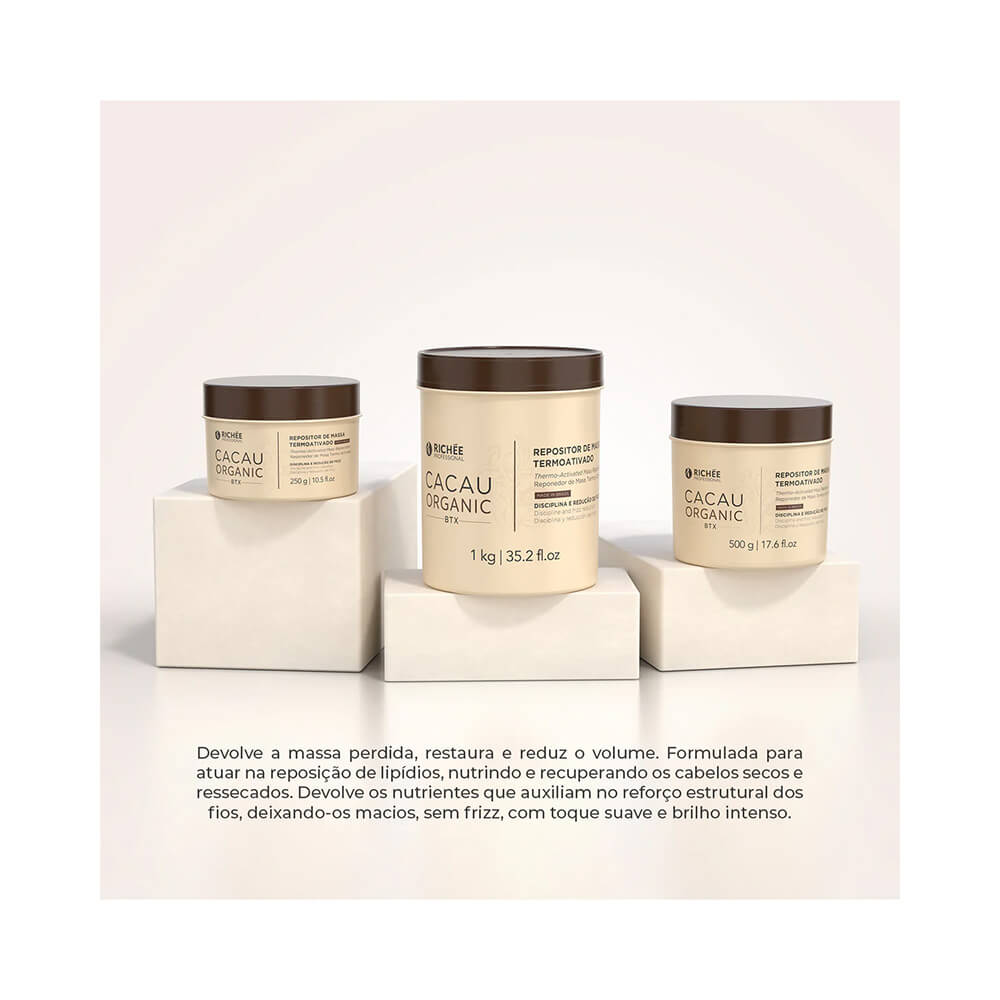 Três potes do Booster Richée Cacau Organic BTX em diferentes tamanhos